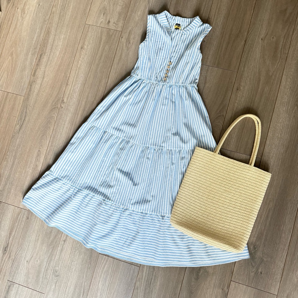 SHEIN Breezaya Striped Print Notched Neck A-Line Dress Blue White 4 - Picture 11 of 12